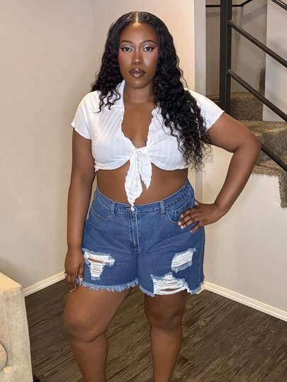 Truni 大码女式破洞牛仔短裤，带毛边下摆和口袋，休闲