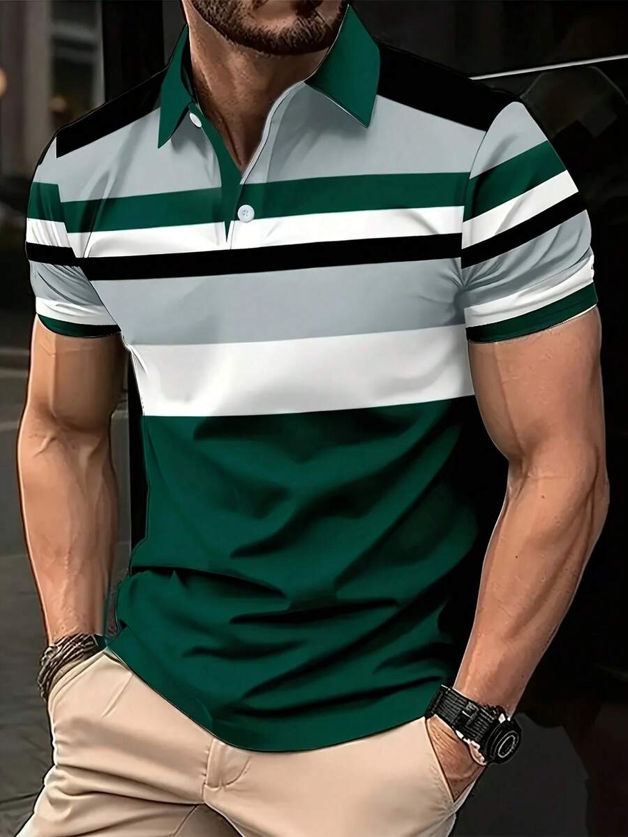 Men's Casual Stripe 3D Printed Golf Shirt, Short Sleeve Button Neck Knitwear, Regular Version Polyester Fiber Polo Shirt, Suitable For Spring, Summer And Autumn - Fabric Weight 180 G/M2 - Xanh ngọc lục bảo - Xem 1