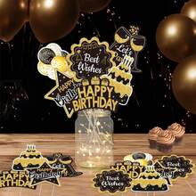 Happy Birthday Table Decorations, 36 PCS Black And Gold Table Decorations With LED String Lights, Happy Birthday Centerpieces Sticks Men Women, Party Supplies - 1 - View 2