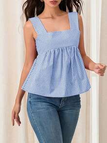 Women Y2k Going Out Tank Tops Gingham Square Neck Peplum Cami Tank Sleeveless Backless Bowtie Ruffle Peplum Babydoll Camisole Summer Going Out Cami Blouse - Màu xanh lam - Xem 3