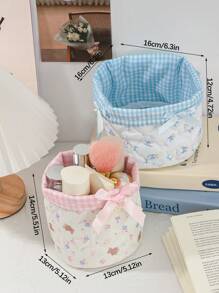 1 Cute Pink And Blue Three-Dimensional Bow Lace Storage Basket, Tabletop Miscellaneous Storage Basket, Makeup Brush & Skincare Product Storage Basket, Tabletop Decoration, Cosmetics Organization Rack, Portable Picnic Basket, Valentine's Day Gift,For Back To School