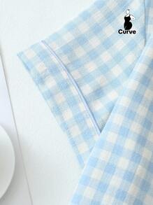 2pcs Plus Size Women's Comfortable Blue & White Plaid Print Single-Breasted Lapel Short Sleeve Top And Shorts Pajama Set, Suitable For Home Wear, Spring/Summer, Outfits, Cool Light Blue