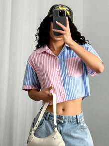 Women Patchwork Color Stripe Loose Casual Short Sleeve Shirt Blouse