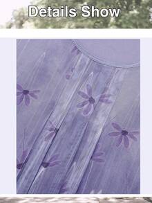 CheersLife 女士七分袖收腰上衣，休闲宽松印花衬衫，层叠荷叶边网纱衬衫 - 紫羅蘭色 - 查看 3