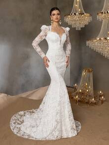 Faeriesty 优雅长袖鱼尾下摆蕾丝婚纱，新娘 - 白色 - 查看 3