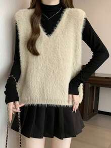 Women's Autumn/Winter Elegant Fluffy Minimalist V-Neck Pullover Vest - Apricot - View 4