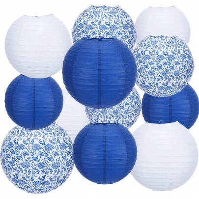 12 piezas de faroles de papel con diseño tradicional chino de porcelana azul y blanca, apropiados para celebraciones, fiestas y decoración del hogar