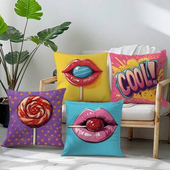 4 件彩色唇彩糖果装饰抱枕套套装，柔软桃色天鹅绒面料，45x45 厘米单面印花，适用于家庭、卧室、客厅、沙发