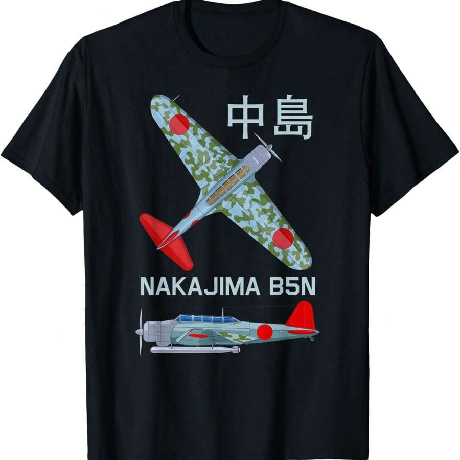 Camiseta con diagrama del avión bombardero torpedero japonés Nakajima B5N de la Segunda Guerra Mundial - Negro - Ver 1