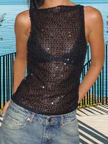 Women's Sequin Tank Tops Slim Fit Sheer See Through Stylish Solid Casual Sleeveless Vest For Summer  Spring - màu đen - Xem 5