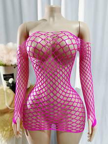 1 件女士性感内衣睡衣长袖玫瑰透视镂空紧身连衣裙夏季女士泳衣渔网罩衫 - 玫瑰紅 - 查看 2