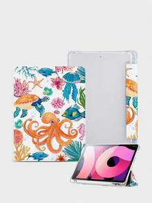 1 件海洋元素、章鱼、海藻、花卉印花平板电脑保护壳，适用于 Apple iPad 10.2 英寸、iPad Pro 2021/2020、iPad 第 9/10 代、iPad 11 英寸 2025、Galaxy Tab A8 10.5 英寸 2、华为 Matepad Ab、小米、防摔、铅笔槽、睡眠/唤醒支持 - 彩色 - 查看 4