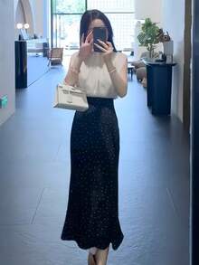 女士黑色圆点美人鱼裙，修身紧身款式，夏季 - 黑色 - 查看 3