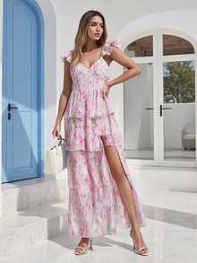 Women's Floral Dress Stylish Multi-Layered Ruffles Split Cap Sleeve Long A-Line Dress For Spring Summer - Pink - View 6