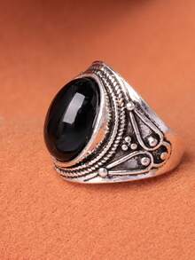 1入組復古風格合金戒指帶古董銀電鍍和綠色玉石 - 黑色 - 查看 3