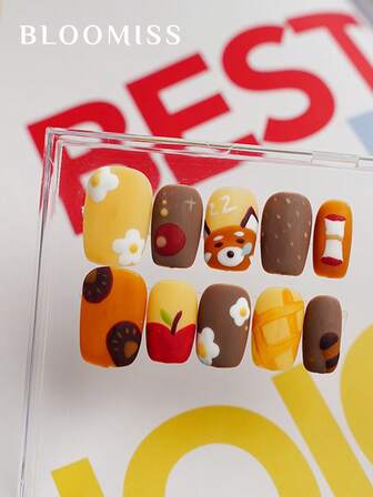 10 Pieces Of Handcrafted Press On Nails Short , Cartoon Hand Drawn Nails, Summer Nails, Reusable Fake Nails Nail Supplies Nails