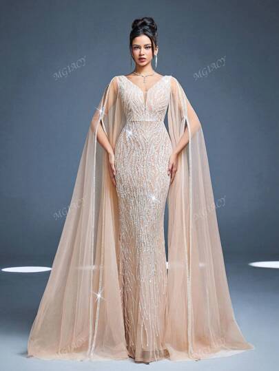 Mgiacyv V-Neck Mesh Shoulder Double Layer Sequin Fitted Mermaid Maxi Dress