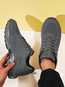 男士透气气垫圆头低帮系带运动鞋，针织面料休闲运动鞋，适合日常穿着，舒适、减震、耐磨