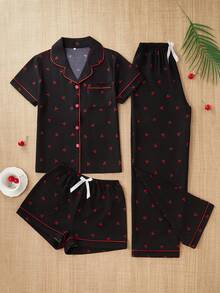 3pcs Women Cherry Pattern Pocket Decorated Short Sleeve T-Shirt, Shorts And Pants Pajamas Suit, Suitable For Spring - Black - View 3