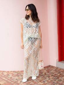 Women's Y2K Sequins Flower Sheer 2 Piece Skirt Outfits Cap Sleeve Tops Long Skirt Set Bikini Cover For Beachwear - 白色 - 查看 4