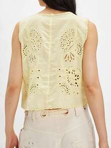 Women Y2k Tie Front Eyelet Vest Top Sleeveless V Neck Floral Embroidered Tank Tops Loose Fit Cardigan Boho Flowy Peplum Shirt Summer Going Out Tops Beach Vacation Wear - Yellow - View 2