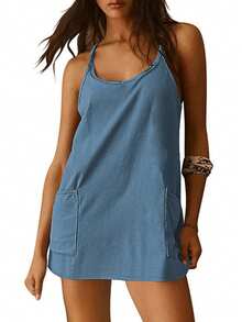 Women's Sport Mini Dresses Inner Shorts Sets Summer Sleeveless Sundresses Hot Mini Dresses - 海軍 - 查看 4
