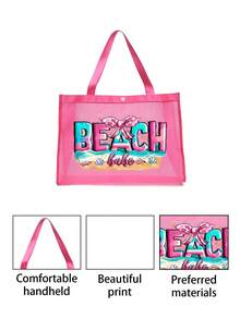 Set di borse a rete di grande capacità, borsa a rete con stampa a motivo da spiaggia, borsa a rete da spiaggia, borsa a rete per cosmetici, borsa da spiaggia impermeabile pieghevole di grande capacità, borsa da spiaggia a rete con decorazione a lettera - Rosa - Visualizzare 9