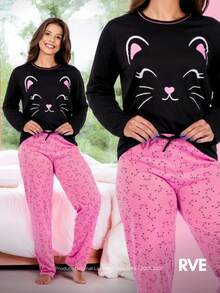 Women's Pajamas Winter Long Faux Drawstring Cute Elegant Luxurious Woman Casual Young Casual Knitted Fabric Long Sleeve Black Kitten Cute Kitty - 黑與白 - 查看 1