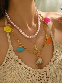 1pc Stainless Steel Boho Ocean Beach Style Faux Pearl Starfish Shell Pendant Necklace Set - Yellow Gold - View 2