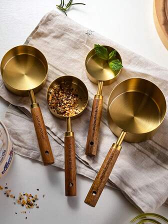 S/L 金色量勺套装 430 不锈钢量勺杯带木柄 4 件烘焙配件 DIY 香料勺