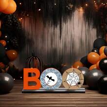 1 szt. Drewniana dekoracja rzemieślnicza na Halloween z podstawą, dekoracja na biurko w stylu nawiedzonego domu, ciekawa sezonowa drewniana dekoracja na Halloween do wewnątrz/na zewnątrz, do salonu, jadalni, biura