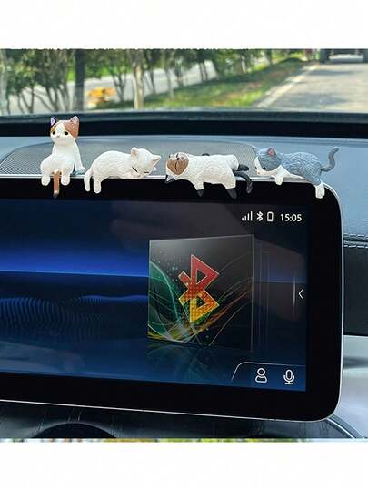 Set de 4 piezas de decoraciones en miniatura de gato blanco de dibujos animados para el salpicadero - Figuras de resina ABS, aptas como accesorios interiores para vehículos