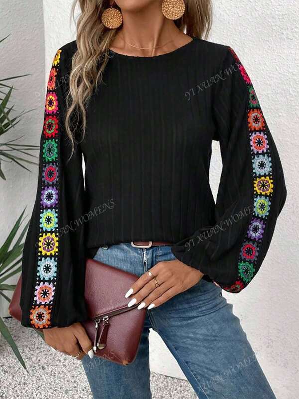 Ropa para mujer talla grande, Camiseta de manga larga con cuello redondo y bordado floral multicolor, Elegante top de punto acanalado para primavera y verano