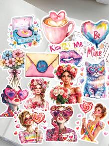 17/18 pezzi di adesivi colorati ad acquerello e pastello con cuori, ragazze floreali di primavera e motivi caffè, adesivi vintage con lettere scritte a mano per fai-da-te, scrapbooking, planner, taccuino, computer, articoli di cartoleria vintage, forniture scolastiche, ritorno a scuola