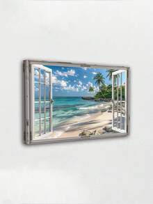 1 Pc Beach Wall Arts, Window Frame Style Sea Canvas Wall Decor Ocean Lavender Pictures, Blue Sea And Boat Sailing Ocean Island Canvas, Nature Seascape Posters For Living Room Office Bedroom Home, Optional Framed