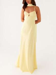 Women Y2k Maxi Dress With Scarf Sets Spaghetti Strap V Neck Tie Back Cutout Bodycon Long Dress Sleeveless Backless Elegant Going Out Cami Dresses Beach Cocktail Party Sundress - 黃色 - 查看 1
