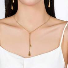 1pc Fashionable Simple Stainless Steel Water-Drop Pendant 18K Gold Plated Necklace, Versatile