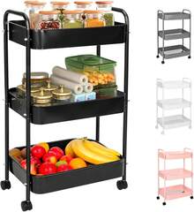 Carrito Organizador Multiusos De Tres Repisas con Ruedas Giratorias con Sistema De Bloqueo Recistente para Cocina Baño Carrito De Servicio - Negro - Ver 2