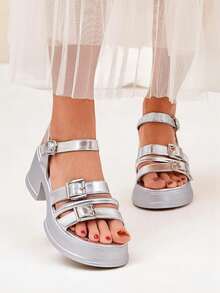 Women's Low Block Heel Sandals - Silver - View 4