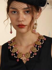 Conjunto de joyería nupcial con enchapado en bronce vintage, accesorios de compromiso, borlas multicapa, collar de piedra natural rosa dulce hecho a mano con cuentas y perlas falsas, aretes y anillo