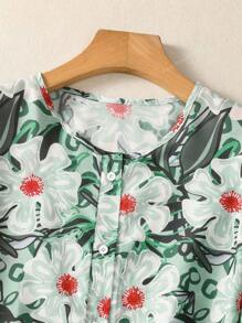 Women's All-Over Botanical Print Button-Front Shirt - Peter Pan Collar 3/4 Sleeve Blouse For Everyday/Festive Occasions/Date Nights, Spring-Fall Wardrobe Must-Have