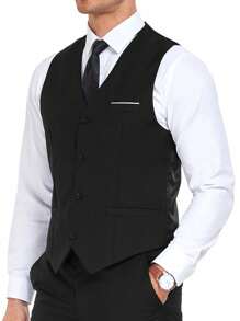 Furuyal Men's Suits Vest Gentleman Solid Single Breasted Slim Fit Fashion Wedding Suit For Men Vest Tie Set Business Party Travel Prom Black Size XS-3XL