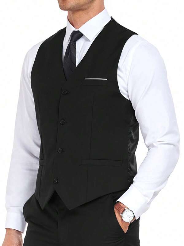 Furuyal Herrenweste, Herrenanzug, eleganter, unifarbener, schmal geschnittener Einreiher, Modische Hochzeitsanzüge für Männer, Weste und Krawatte Set, Business, Party, Reise, Abschlussball, Schwarz, Größe XS-3XL