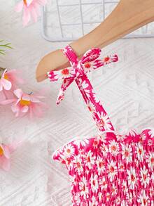 MommBaby Mommbabay 女童夏季碎花蝴蝶结吊带裙儿童可爱无袖雏菊时尚太阳裙带帽 - 玫紅色 - 查看 3