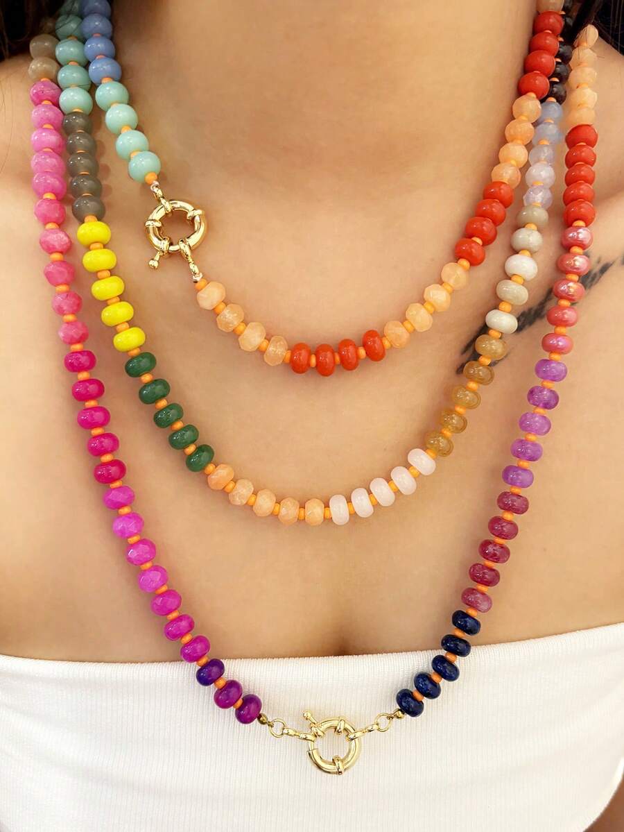 1 件精美彩虹色石英光滑圆珠项链，多珠手工制作，18K 镀金水手扣项链，女士度假珠宝 - 彩色的 - 查看 1