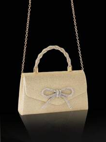 Bolso de mano de mujer nuevo brillante con strass, elegante bolso de fiesta, fashionable bolso de novia con lazo, juego de 3 piezas con strass brillantes: collar colgante de strass lujoso y exquisito, aretes, pulsera. Combinable con vestido de noche de lentejuelas, vestido de novia, vestido de fiesta. Adecuado para boda, cena, fiesta, baile.