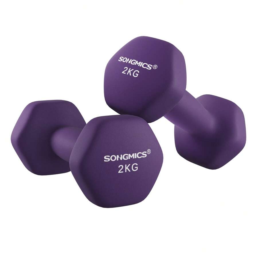 Juego de 2 Mancuernas, 2 x 2 kg, Mancuernas Hexagonales con Superficie de Vinilo, para Fitness, Ejercicio, Entrenamiento, para Gimnasia en Casa, Violeta Ceniza - Morado - Ver 1