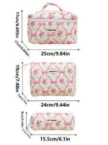 3pcs/1pc Quilted Bowknot & Rose Design Makeup Bag, Fashion Portable Cosmetic Pouch, Pink Makeup Case, Multi-Functional Organizer Bag, Large Capacity Cute Toiletry Bag, Travel Organizer, Mini Brush Holder Handbag, Printed Wash Bag For Lipstick, Brush, Skincare, Phone, Coins, Small Items, For Home, Gift, Holiday And Festival Like Halloween, Christmas