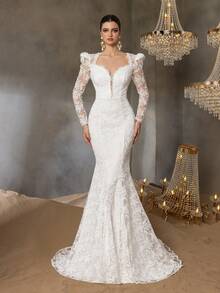 Faeriesty 优雅长袖鱼尾下摆蕾丝婚纱，新娘 - 白色 - 查看 1