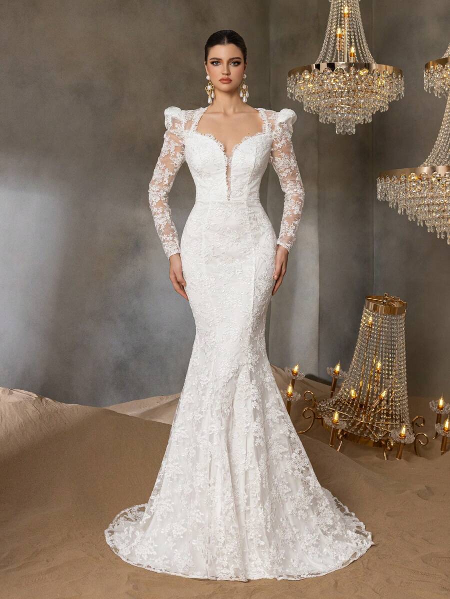 Faeriesty 优雅长袖鱼尾下摆蕾丝婚纱，新娘 - 白色 - 查看 1